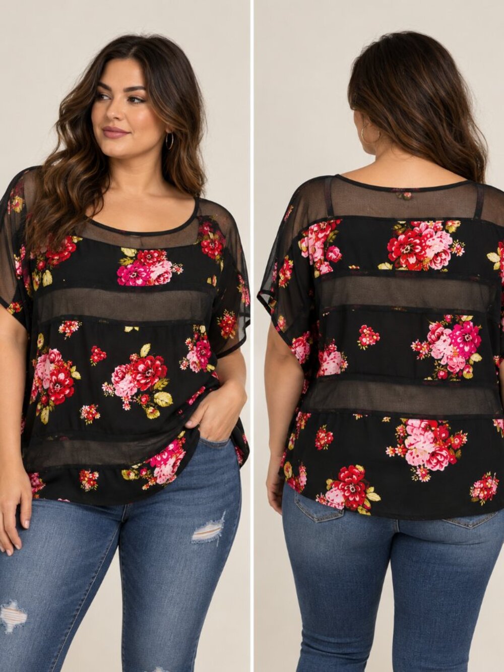 Torrid Black Floral Sheer Mesh Panel Tunic Top Size 5 5X